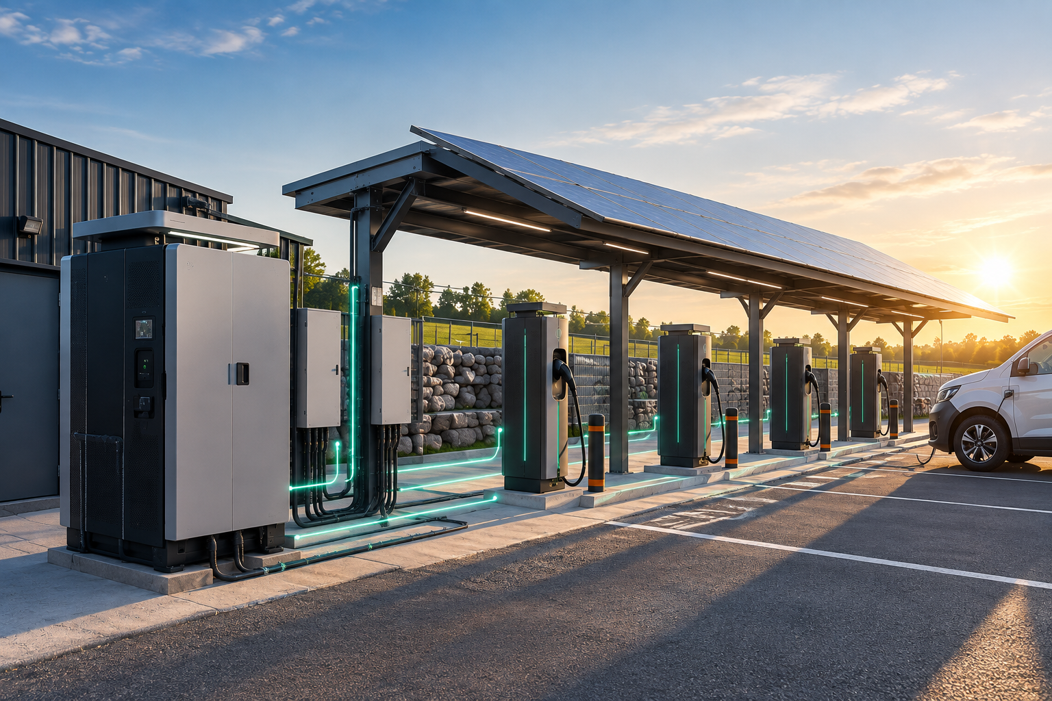 Solution énergétique combinant ombrière solaire, stockage et bornes de recharge